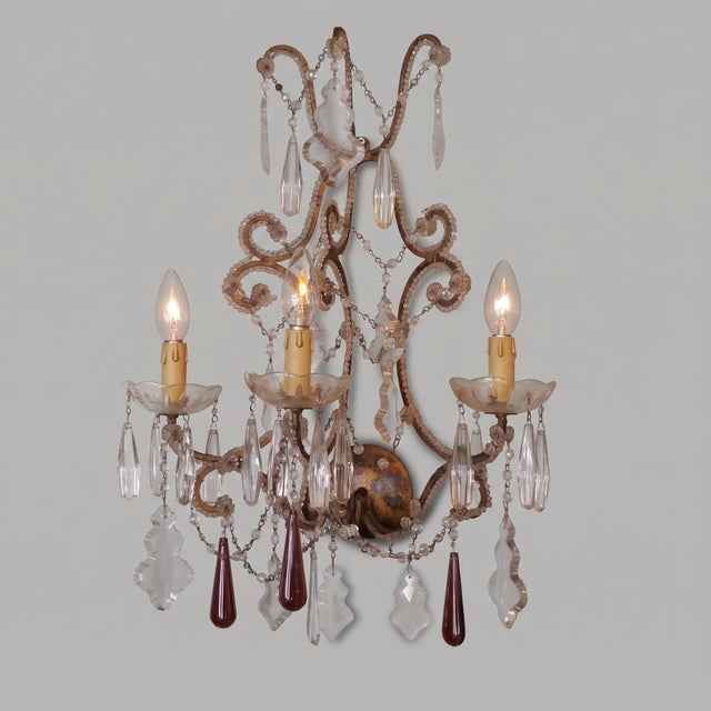 1930s Three-Light Louis XV Style Wall Sconces in Gilt Iron with Glass Beads and Crystal Drops, 1930s, Set of 2 For Sale - Image 5 of 9