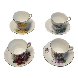 1950s-60s Royal Windsor Bone China Tea Sets - Four Cup and Saucer Settings- 8 Pieces For Sale