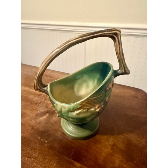 Mid 20th Century Roseville Bushberry Green Art Pottery Basket For Sale - Image 6 of 12