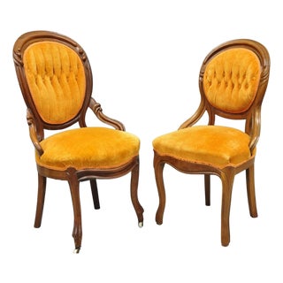 Antique Eastlake Victorian Carved Walnut Orange Parlor Side Chairs - A Pair For Sale