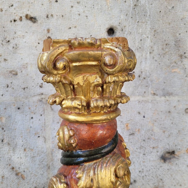 Solomonic Columns in Carved, Gilded and Polychrome Wood, 18th Century, Set of 2 For Sale - Image 10 of 18