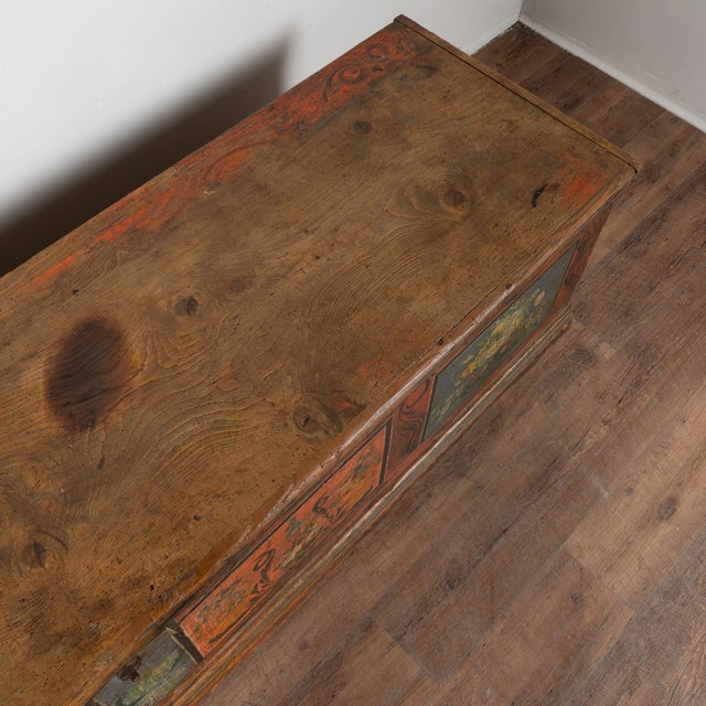 Long Narrow Hand Painted Pine Trunk Bench, Dated 1889 For Sale - Image 6 of 16