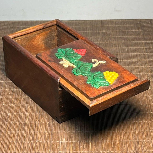 Asian Carved Hardwood Sliding Box With Bone Inlay — Botanical Leaf & Berry Motif For Sale - Image 3 of 9