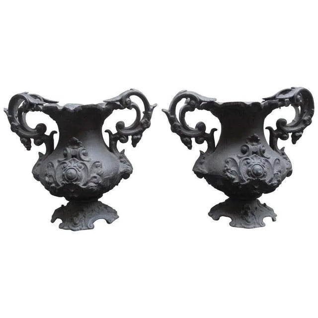 Metal Early 20th Century Decorative Cast Iron Urns, Set of 2 For Sale - Image 7 of 7