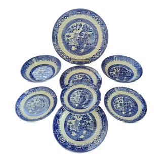 1960s Churchill Blue Willow Wood & Sons Wood Ware China- Set of 8 For Sale
