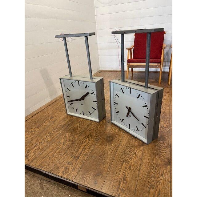 Industrial Vintage Double Sided Square Train Station Clock from Pragotron For Sale - Image 3 of 7