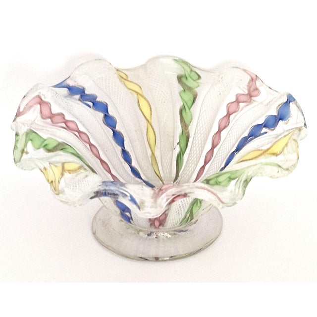 A beautifully handcrafted Murano Latticino Ribbon Art Glass Footed Bowl, made in Italy using traditional Venetian...