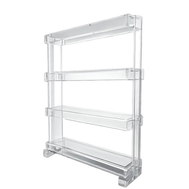 Modern minimalist lucite shelving unit with a clean, airy profile and three open tiers. Its clear acrylic construction...