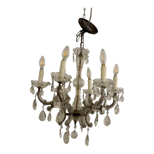 Vintage Six Light Glass + Crystal Chandelier For Sale