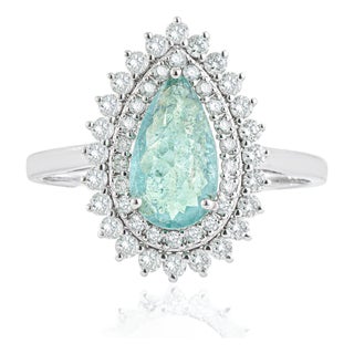 14k White Gold Double Halo Diamond Paraiba Tourmaline 1Carat Engagement Ring Size 6.5 For Sale