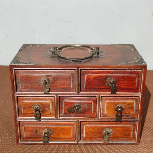Vintage Chinese Huali Rosewood 7-Drawer Jewelry Chest With Brass Mounts For Sale - Image 4 of 9