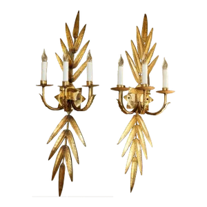 1960s Italian Gilt Laurel Leaf Wall Sconces, Pair