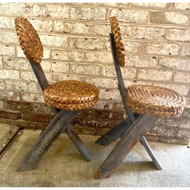 Mid 20th Century Mid 20th Century Pair of Audoux Minet Tripod Base Chairs With Abaca Seat and Back For Sale - Image 5 of 13