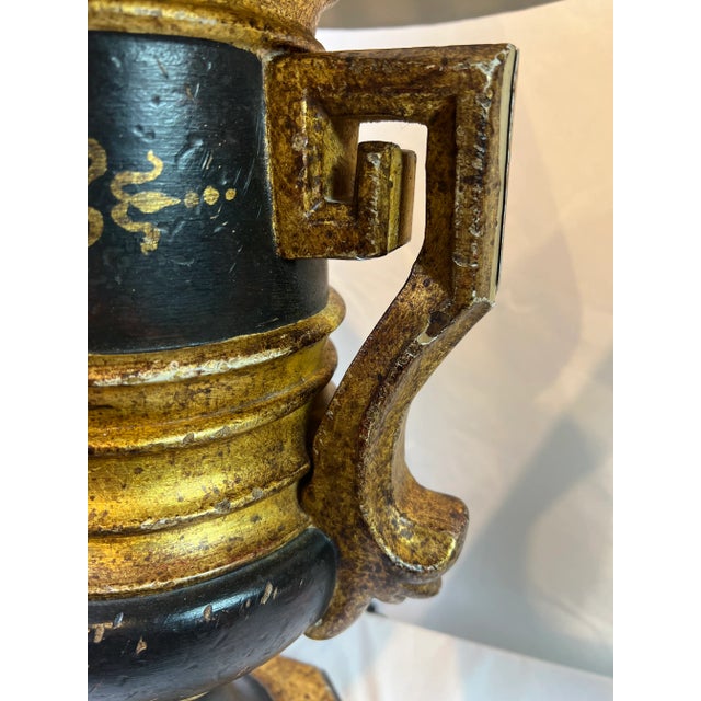 Traditional 1990s Italian Carved Wooden Footed Lamp With Handles and Hand Painted Motif - a Pair For Sale - Image 3 of 13