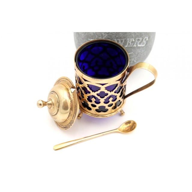 Silver Mustard Bowl with Blue Glass Core, Set of 2 For Sale - Image 5 of 5