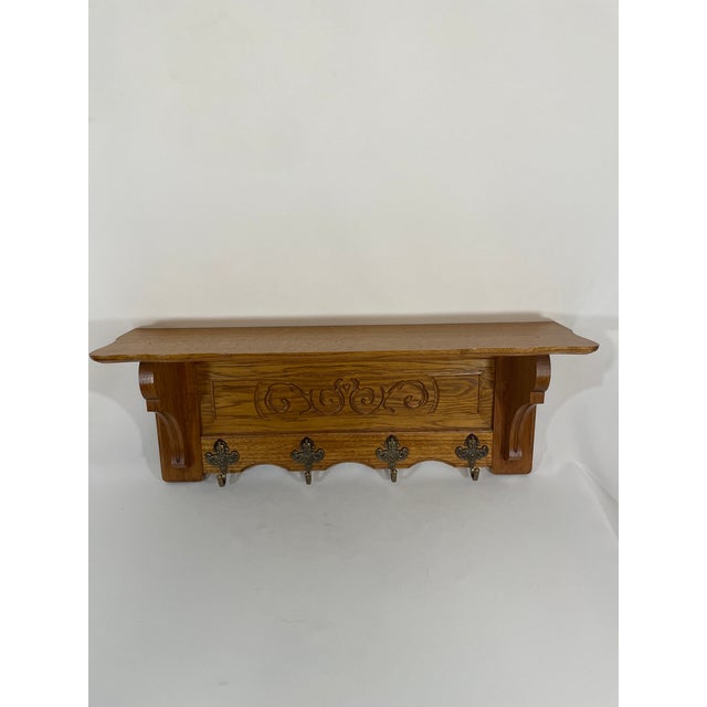 Vintage French Tiger Oak 27" Wall Shelf Coat and Hat Rack For Sale - Image 4 of 17