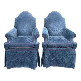 Vintage Baker Furniture William and Mary Walnut, Blue Damask Custom Built High Seat Throne Lounge Chairs - A Pair For Sale