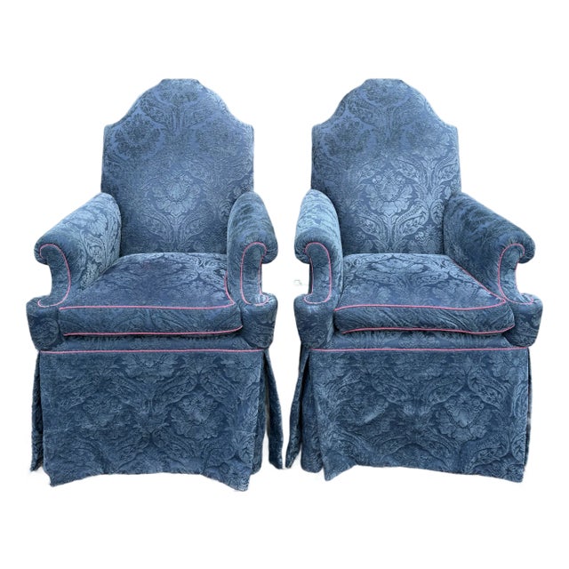 Vintage Baker Furniture William and Mary Walnut, Blue Damask Custom Built High Seat Throne Lounge Chairs - A Pair For Sale