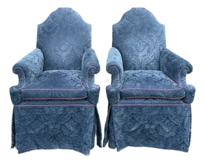 Vintage Baker Furniture William and Mary Walnut, Blue Damask Custom Built High Seat Throne Lounge Chairs - A Pair