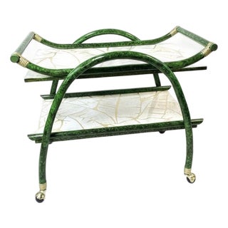 Chic Vintage Mid-Century Aldo Tura Style Rattan and Faux Malachite Bar Cart - Newly Painted For Sale