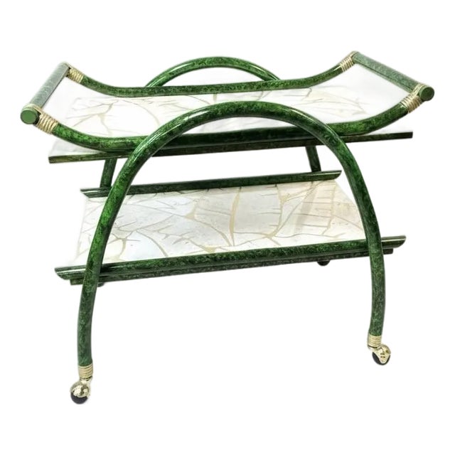 Mid-Century Aldo Tura Style Rattan and Faux Malachite Bar Cart - Newly Painted For Sale