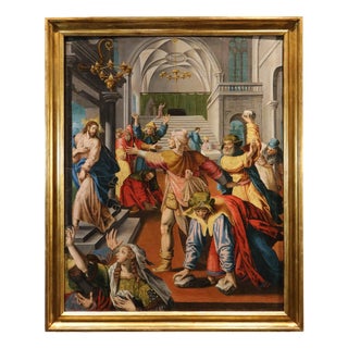 Workshop of Maarten De Vos, Christ Expelled from the Temple of Jerusalem, 1600, Oil on Canvas For Sale
