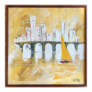 60s Mid Century Modern Sailboat Nautical Cityscape Clare Vanguard Reynolds Oil Painting Framed For Sale