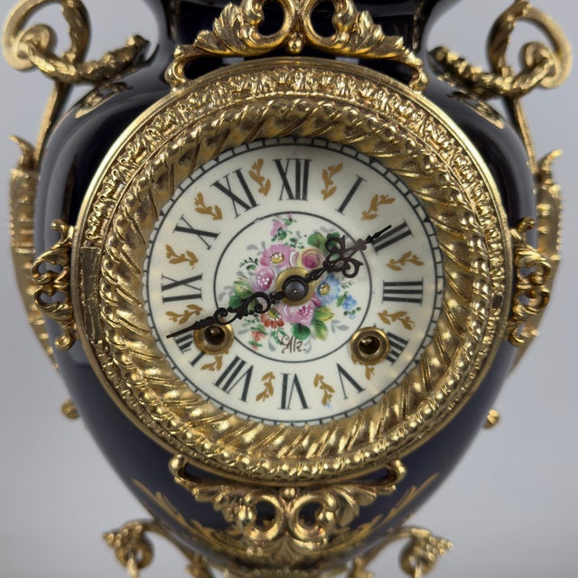 Blue Antique French Table Clock in Blue Porcelain and Brass from Limoges For Sale - Image 8 of 14