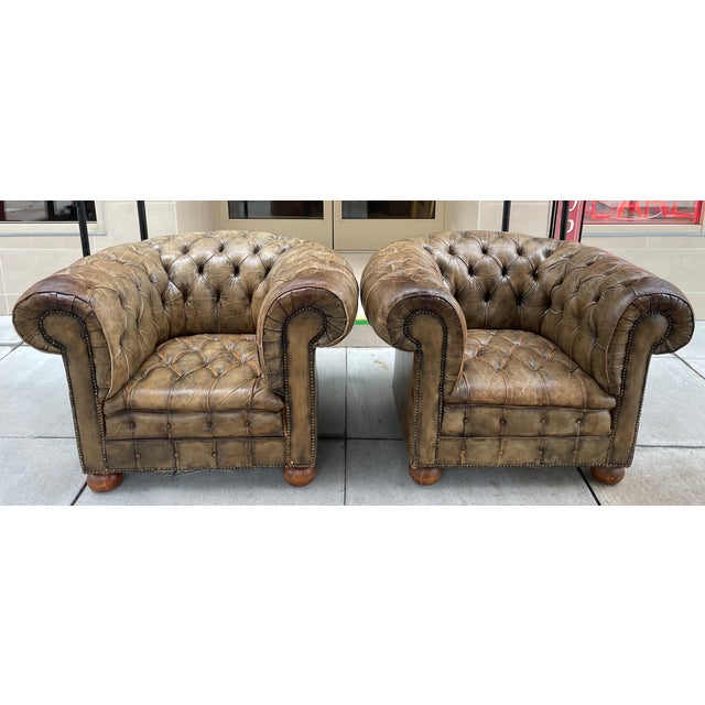 Pair of English Tufted Leather Chesterfield Chairs Chairish