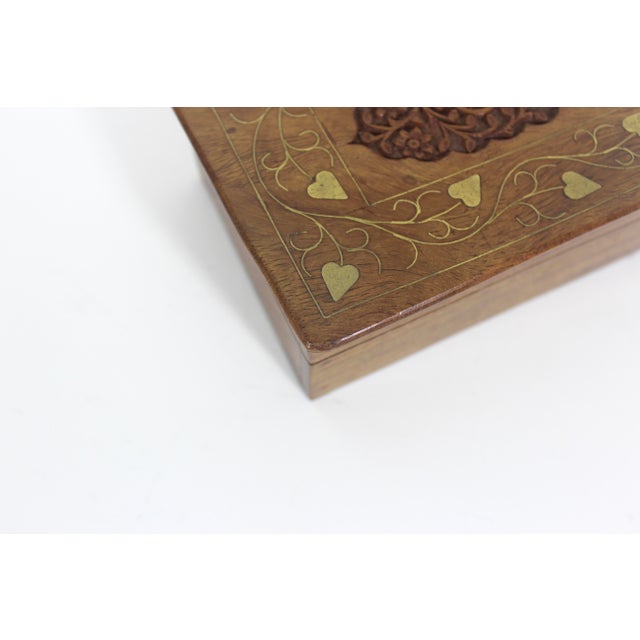 Late 20th Century Vintage Carved Wood Box, Brass Inlay Indian Indo, Lidded, Wooden Carving, Floral Hinged Lid Box, Brown Wood Trinket, Jewelry, Stash Heart For Sale - Image 5 of 10