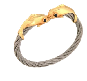 Steven Douglas Sapphire 14k Yellow Gold Steel Double Dolphin Cuff Bracelet