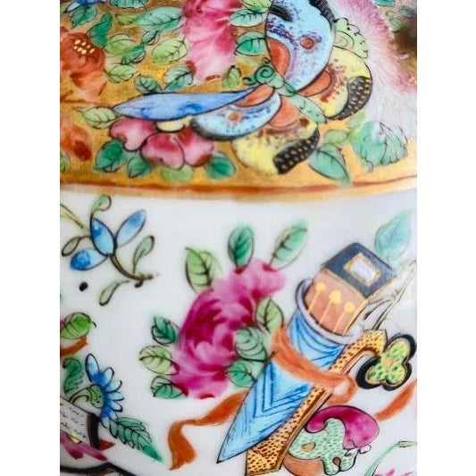 Metal Antique Rose Medallion /Mandarin Jar With Metal Strap Lid For Sale - Image 7 of 12