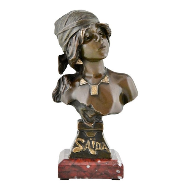 Emmanuel Villanis, Art Nouveau Saida Bust, 1890, Bronze on Marble Base For Sale - Image 11 of 11