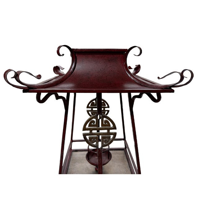 Large Vintage Chinoiserie Wrought Iron Pagoda Lantern Candle Stand - Dark Red Maroon Up for sale is a beautiful mid-to-...