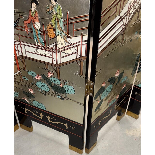 Black 1950s Chinese Coromandel Lacquer Screen Divider Screen For Sale - Image 8 of 16