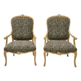 Italian Carved Faux Bois Cerused Bergère Chairs in Zebra Fabric - Pair For Sale