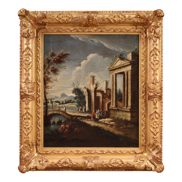 Venetian School Artist, Architectural Capriccio with Figures, 1760, Oil on Canvas, Framed For Sale