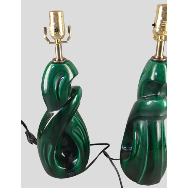 Ceramic Pair of Vintage Mid-Century Modern Emerald Green Abstract Glazed Pottery Table Lamps For Sale - Image 7 of 8