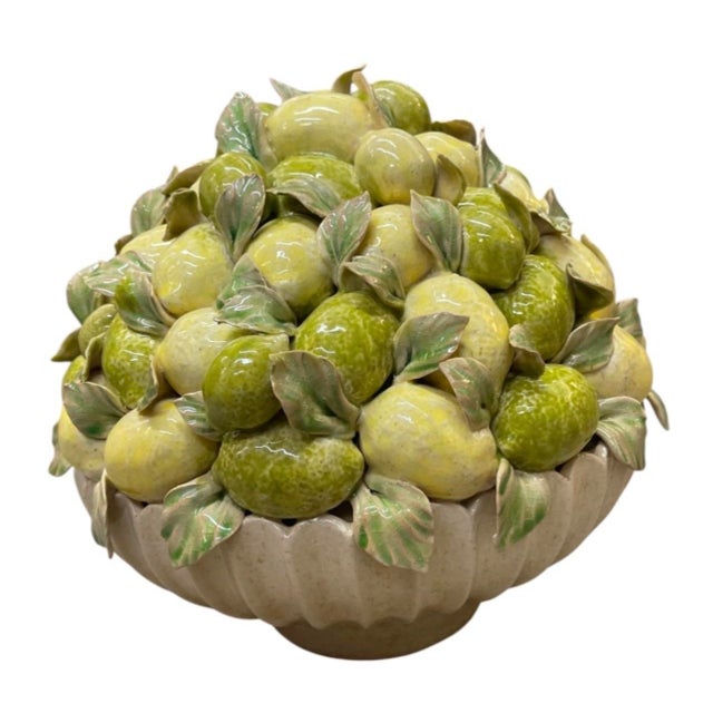 Pair of Vintage Italian Majolica Ceramic Lemon Pyramids in Scalloped Footed Bowls For Sale In West Palm - Image 6 of 12