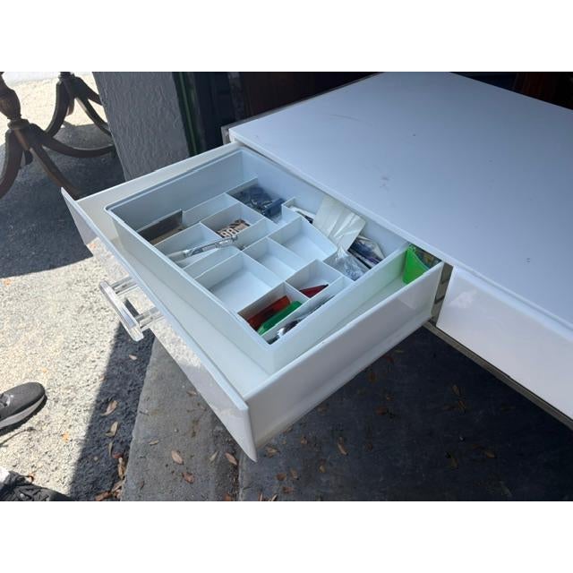 1970s White and Lucite 66 Inch 3 Drawer Writing Desk For Sale In West Palm - Image 6 of 9