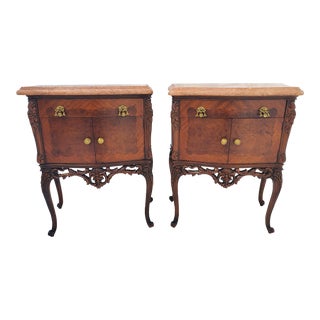Antique 1910s Pair Italian Burl Walnut Marble Top Carved Nightstands End Tables For Sale