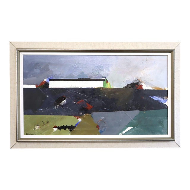 Mid-Century Modern 'Edge of the Land' Vintage Original Abstract Landscape Oil Painting by Swedish Artist Hans Osswald (1919-1983), Framed For Sale