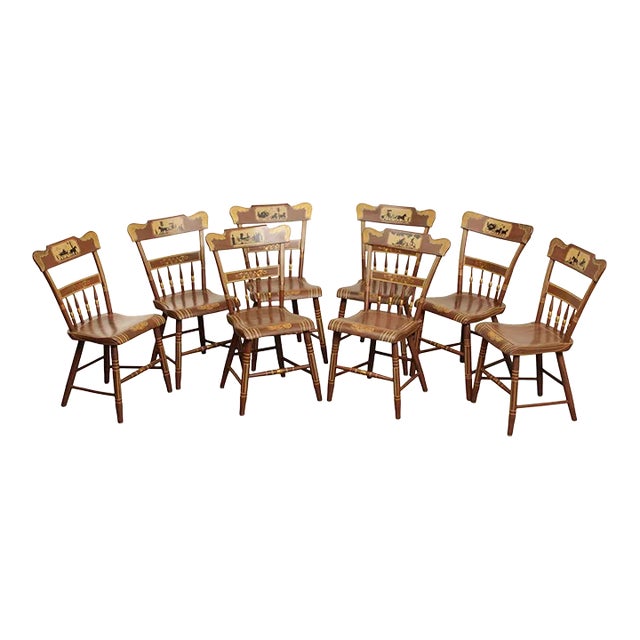 Grain Painted Plank Seat Dining Chairs - Set of 8 For Sale