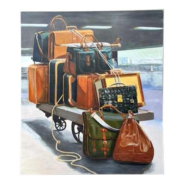 Vintage Monumental Original Still Life of Stacked Luggage For Sale