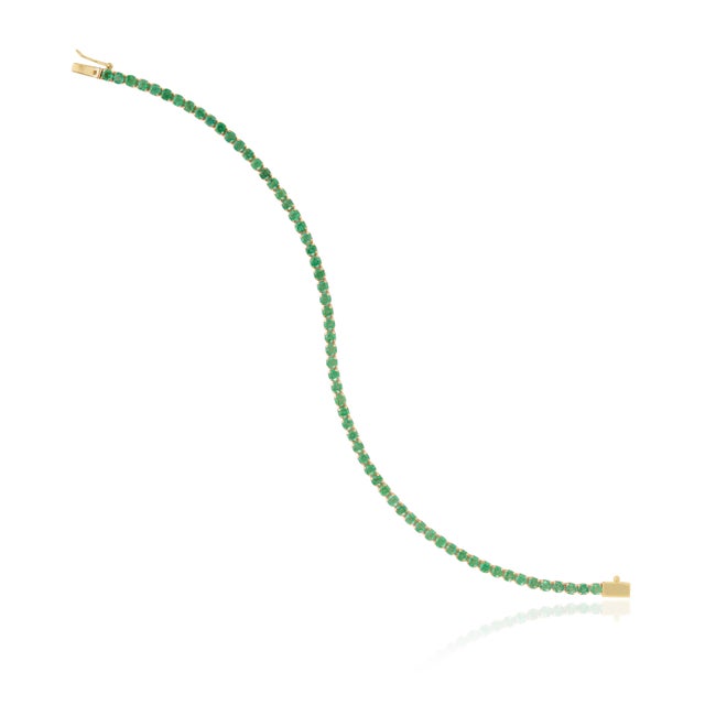 Metal Certified 3.47ct Natural Emerald Tennis Bracelet in 14k Yellow Gold For Sale - Image 7 of 16