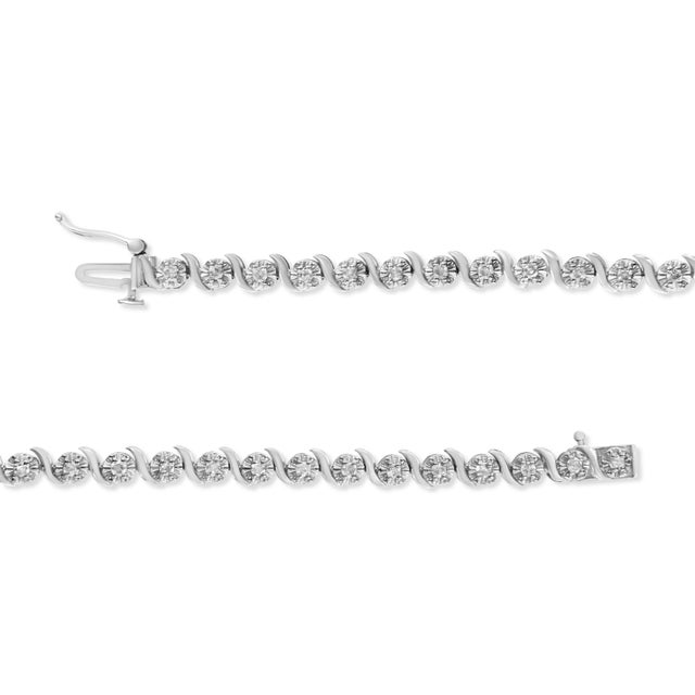 Contemporary .925 Sterling Silver 1.0 Cttw Diamond Spiral Wave Curved-Link 7" Tennis Bracelet (I-J Color, I3 Clarity) For Sale - Image 3 of 8
