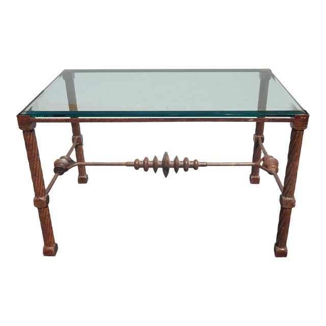 Vintage Diego Giocometti Iron Patinated Metal Dining Table Desk W Beveled Glass For Sale
