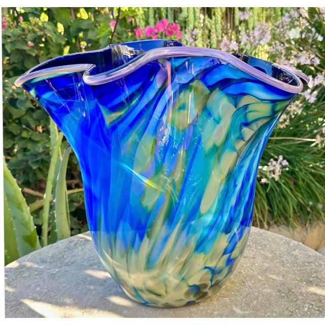 Large Blue Swirl Ruffled Handkerchief Art Glass Vase | Studio Glass Fazzoletto 15"h Artist Signed For Sale - Image 4 of 18
