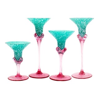 Pink & Green Murano Glass Candle Sticks, Set of 4 For Sale