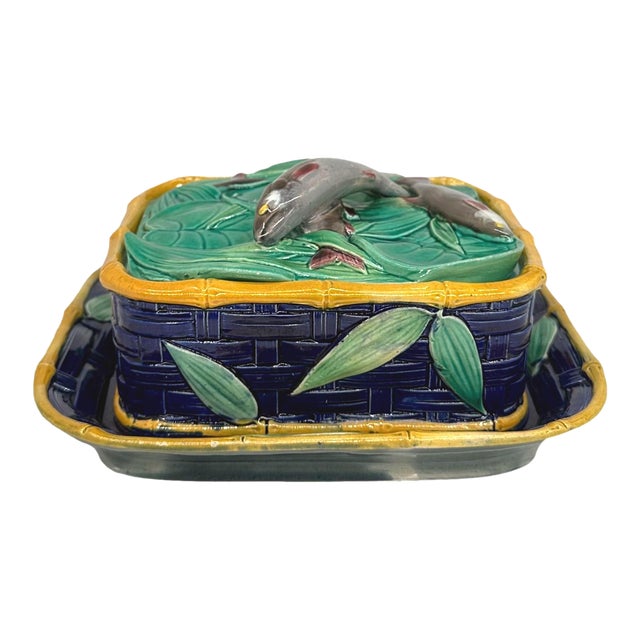 A Victoria Pottery Majolica Cobalt Basketweave Sardine Box, English, Ca. 1883 For Sale
